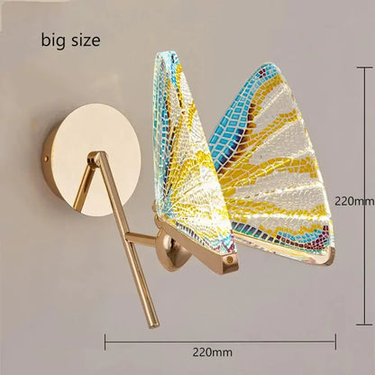 Decorative creative colorful butterfly led wall lamp with blue yellow white mosaic glass wings on gold metal frame