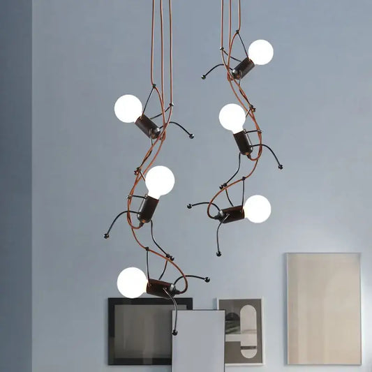 Creative copper iron man chandelier with articulated stick-figure limbs holding white bulbs for bedroom decorbites iron man