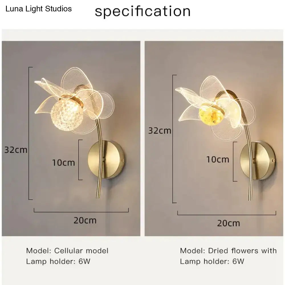 Delicate floral decorative gold led wall lamp with translucent petal design and crystal globe bulb for bedroom use