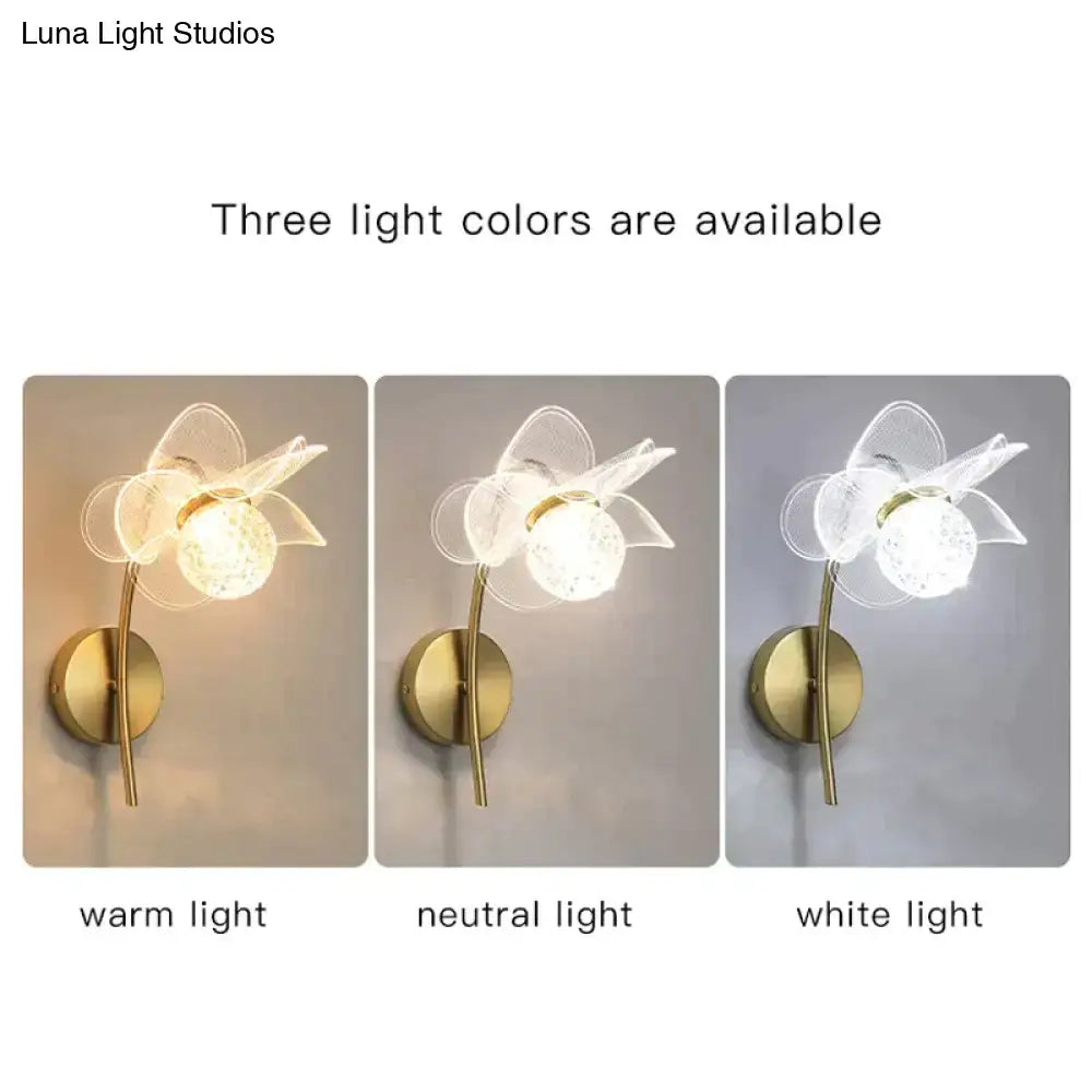Creative floral decorative translucent glass flower wall sconce with decorative gold led brass-finished base for bedroom