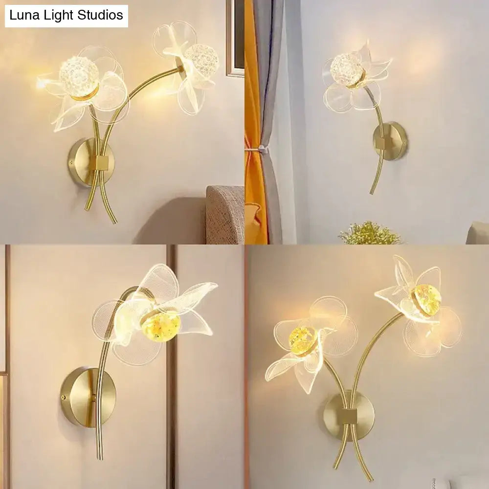 Creative floral decorative gold led wall lamp featuring delicate translucent flower glass shades and a central crystal bulb