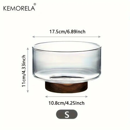 Clear glass fruit bowl with dark brown wooden base branded kemorela for dining room decorbites creative glass use