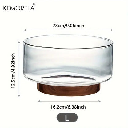 Creative glass fruit bowl with clear glass and wooden base branded kemorela for dining room decorbites creative glass use