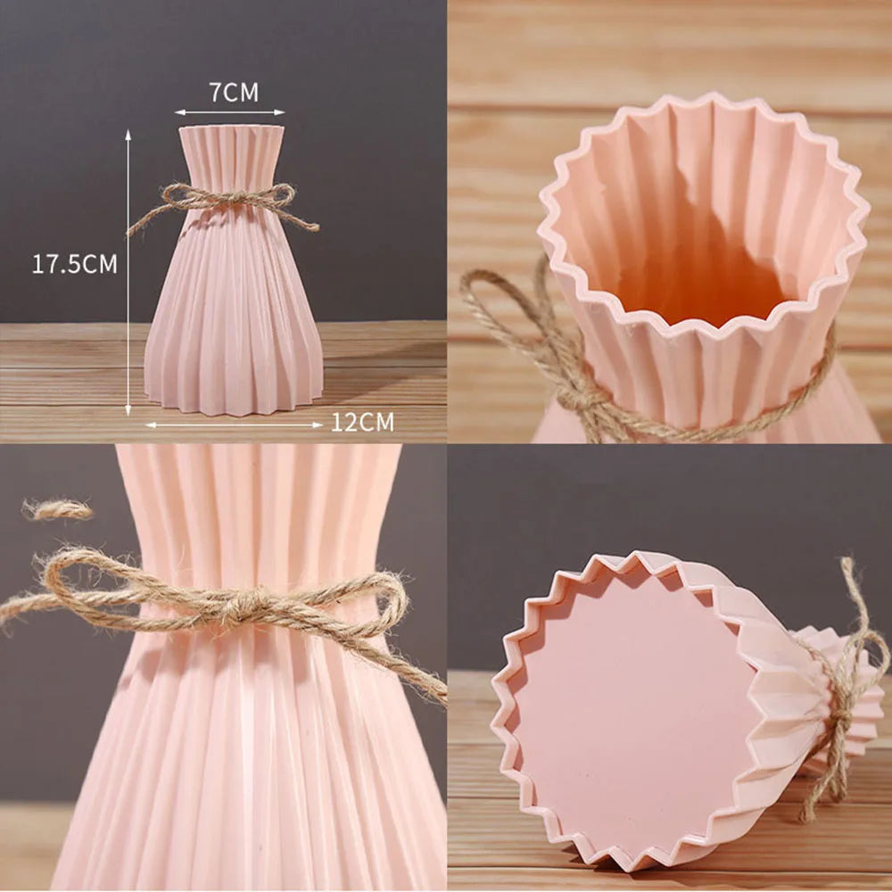 Pink pleated ceramic flower bottle type with rustic twine tie designed for dry flower display and modern decor