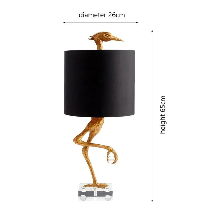 Golden bird-shaped decorbites creative ostrich table lamp with black cylindrical shade and clear acrylic base for bedroom decor