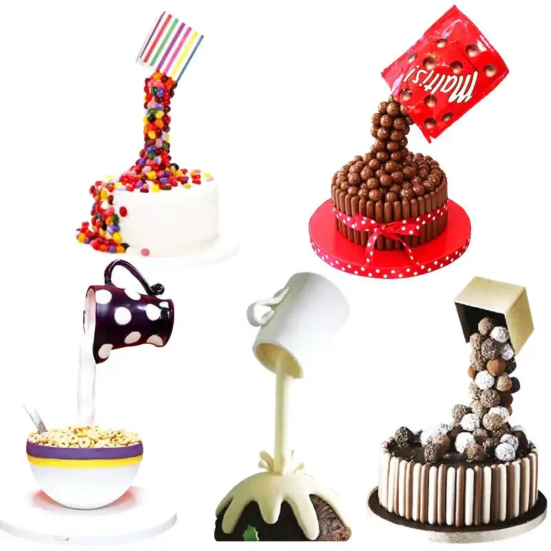 Creative red and white cake stand support holding chocolate-covered malt ball cake with polka dot base and white ribbon