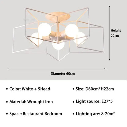 White geometric ceiling chandelier with five spherical bulbs crafted from wrought iron by decorbites creative star led