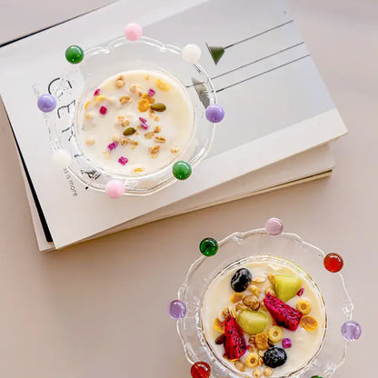 Crown clear glass fruit bowl with scalloped edges and colorful beads by decorbites for dining room decor