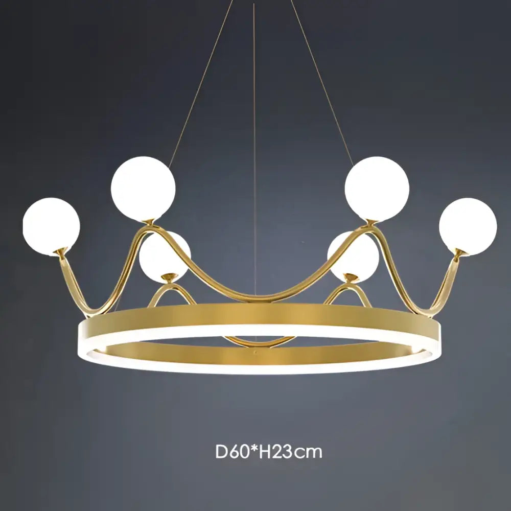 Gold-toned crown design chandelier with six white glass sphere lights for elegant living room decorbites crown design
