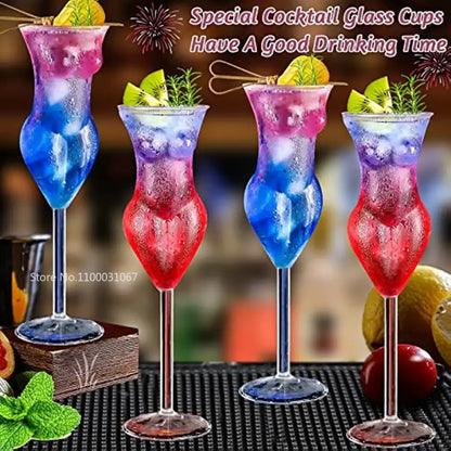 Elegant decorbites crystal beauty goblet with slender stem in vibrant blue and red gradient filled with ice and kiwi garnish