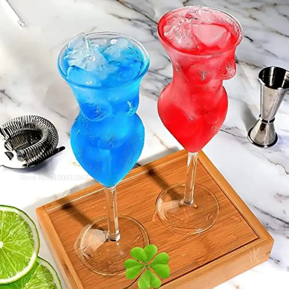 Two slender crystal beauty goblet cocktail glasses in blue and red with ice cubes for elegant decorbites crystal beauty use