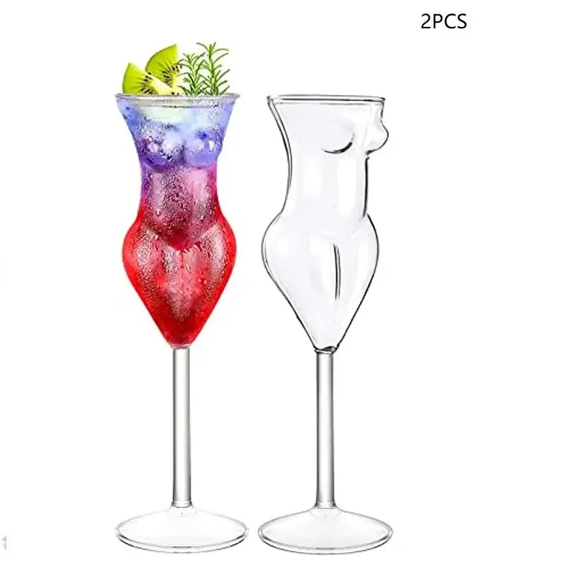 Clear glass crystal beauty goblet shaped like a female torso with colorful layered drink and kiwi garnish