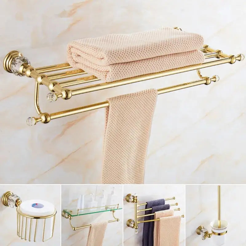 Gold-colored crystal bathroom accessories towel rack with crystal accents in decorbites brass bathroom accessories set