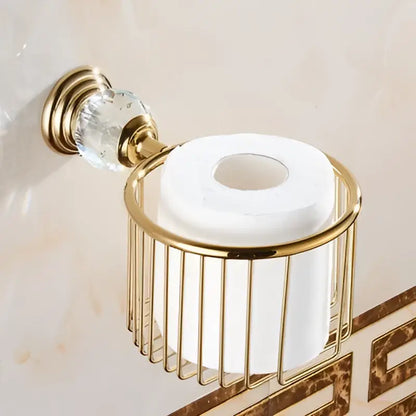 Gold-toned wire toilet paper holder with crystal knob in crystal bathroom accessories set by decorbites brass