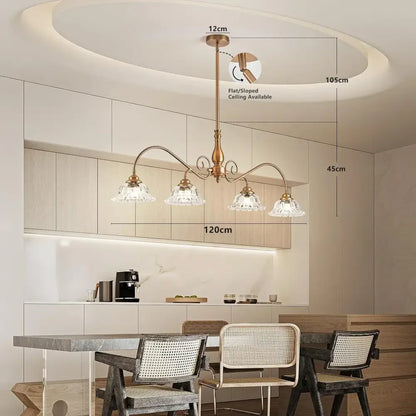 Antique brass glass pendant chandelier with four crystal shades and ornate curved arms for kitchen decorbites brass glass