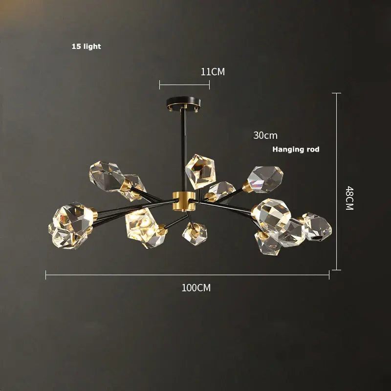 Modern decorbites crystal copper chandelier with 15 crystal fixtures, black metal arms, brass accent for dining room lighting
