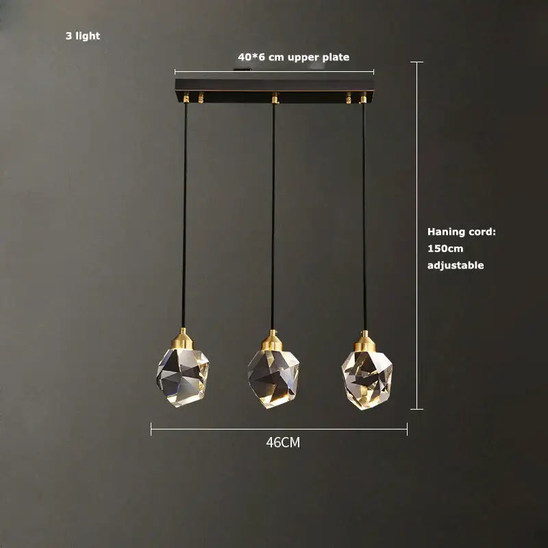 Modern three-light decorbites crystal copper chandelier with faceted crystal globes gold and black dining room lighting