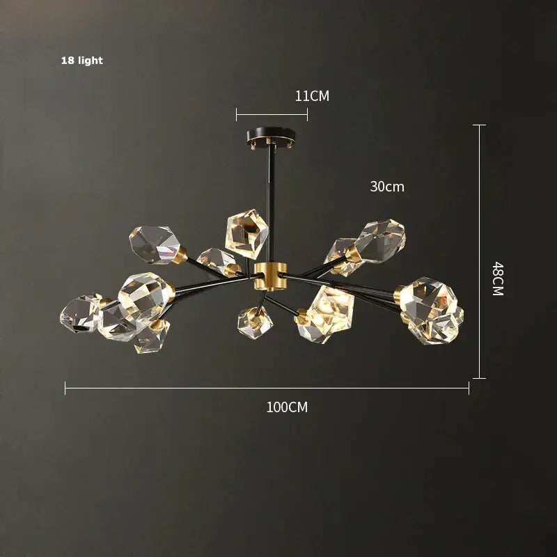 Modern crystal copper chandelier lighting with black metal arms and gold accents featuring 18 illuminated facets