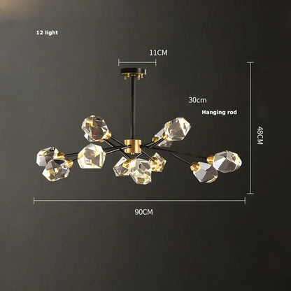 Modern crystal copper chandelier lighting with twelve faceted crystal lights on black metal frame with gold accents