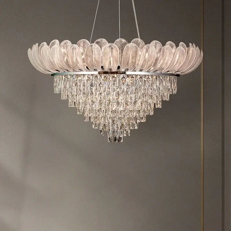 Elegant decorbites crystal crown chandelier with tiered translucent petal glass and cascading clear faceted crystals for living room decor
