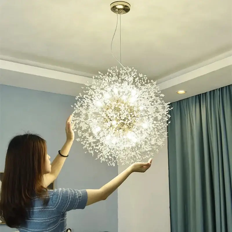 Crystal dandelion chandelier led pendant lamp with clear crystal elements and warm white lights for dining room decor