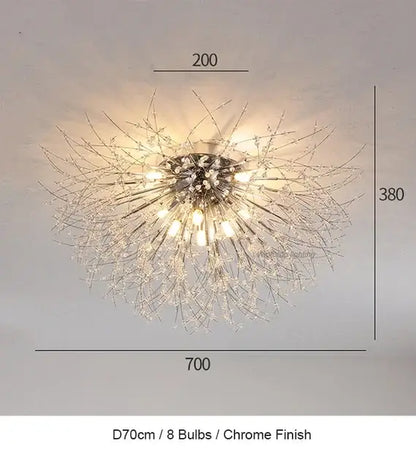 Chrome-finished decorbites dandelion chandelier led pendant lamp with eight bulbs and crystal filaments for dining room decor