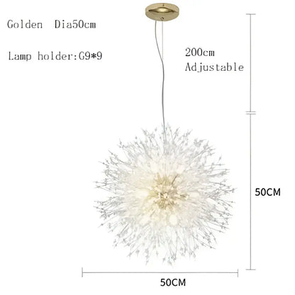 Golden spherical decorbites dandelion chandelier pendant lamp with crystal-like arms and central led light fixture for dining room