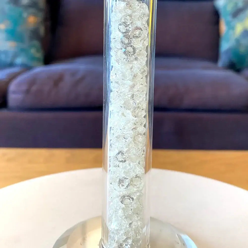 Clear glass cylinder candle holder with sparkling white bead inlay decorbites crystal diamond glass decor