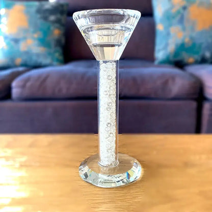 Clear crystal candle holder with faceted tapered top and base filled with white beads decorbites crystal diamond glass decor