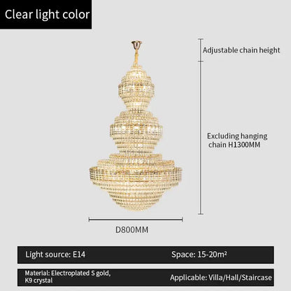 Gold electroplated decorbites crystal duplex chandelier with multi-tiered k9 crystals for elegant hotel lobby lighting