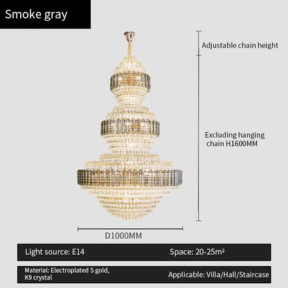 Smoke gray decorbites crystal duplex chandelier with gold electroplated k9 crystal accents for hotel lobby decor