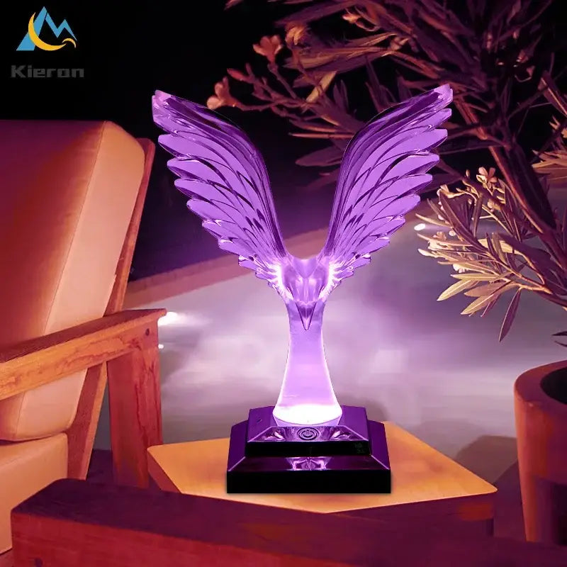 Purple translucent crystal eagle led table lamp with sleek modern design mounted on black wood base for bedroom decorbites crystal eagle