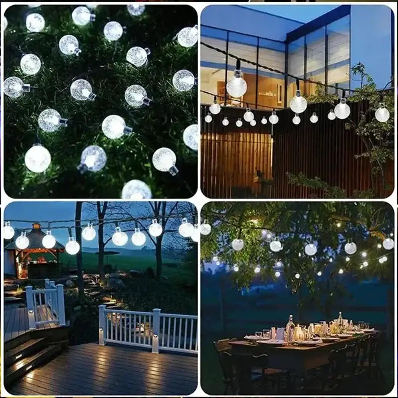White spherical string lights with textured glass finish in decorbites crystal fairy solar fairy solar string patio decor