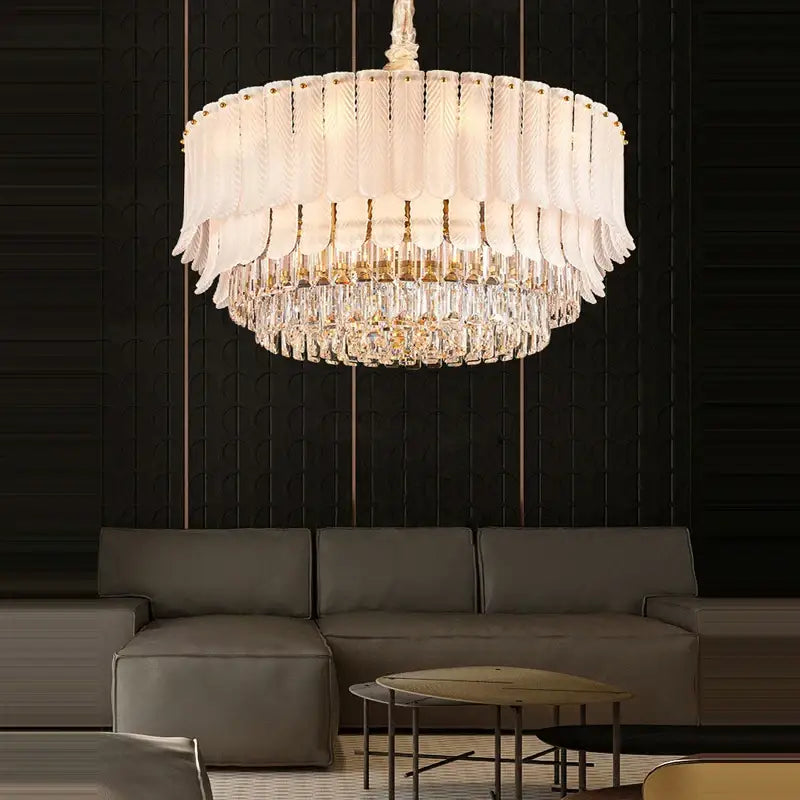 Elegant white glass crystal feather ceiling pendant with cascading crystal droplets and gold-toned accents for living room decorbites crystal feather