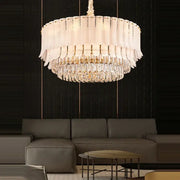 Elegant white glass crystal feather ceiling pendant with cascading crystal droplets and gold-toned accents for living room decorbites crystal feather