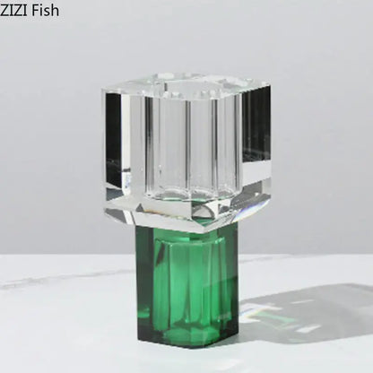 A sleek crystal clear glass vase with a clear upper section and vibrant green base for living room decor