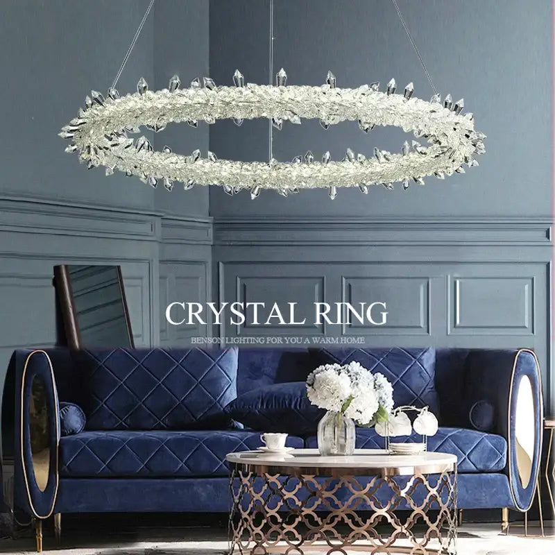 Crystal flower led ring chandelier with sparkling clear faceted glass for elegant dining room lighting by decorbites crystal flower