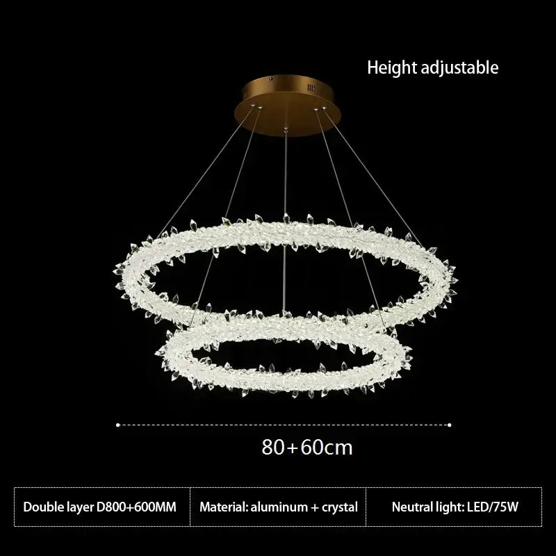 A modern double-layer gold crystal flower led ring chandelier with clear faceted crystals for dining room lighting
