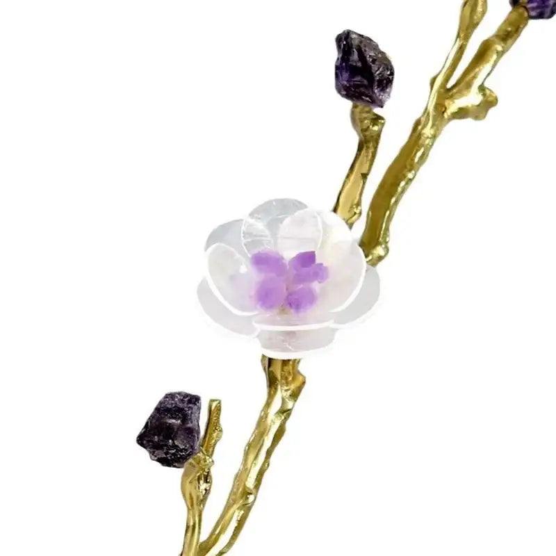 Delicate gold-toned crystal flower tree sculpture with translucent white flower purple center amethyst buds on white marble base decorbites crystal flower decor