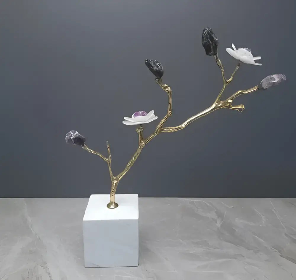 Gold-toned crystal flower tree sculpture with white and purple amethyst on white marble base living room decorbites decor
