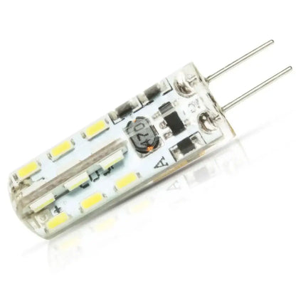 Crystal g4 led spotlight bulb pack with clear glass led bulbs featuring two metallic pins and yellow diodes for living room