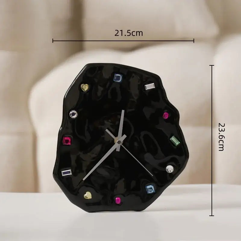 Black glossy desk wall clock with colorful gemstone hour markers and silver hands decorbites crystal geometric wall decor