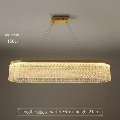 Gold-toned rectangular decorbites crystal glass pendant chandelier with cascading design and adjustable hanging length for dining room