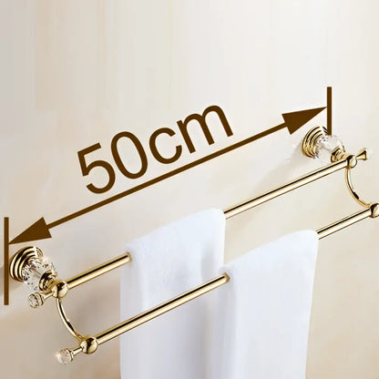 Gold-colored double towel bar with crystal accents designed as a double towel rack for bathroom use