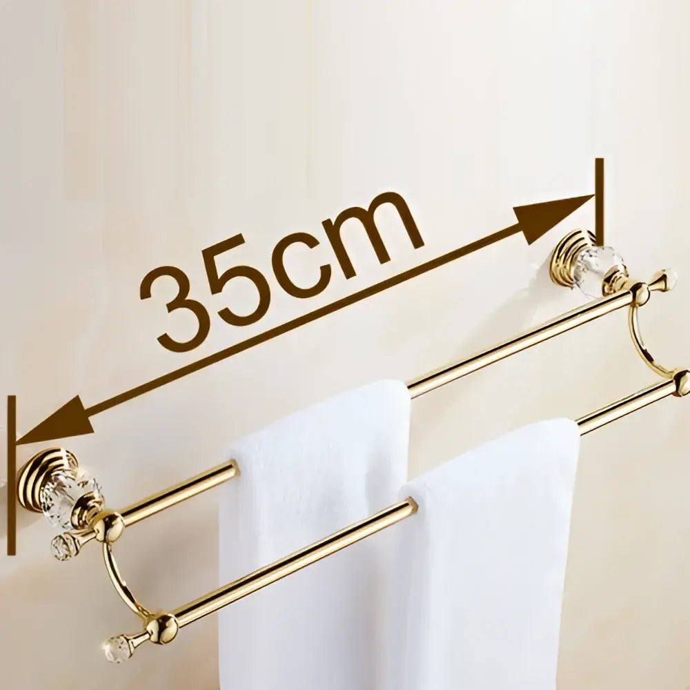 Gold-colored crystal double towel bar with 35cm length and elegant accents for bathroom use