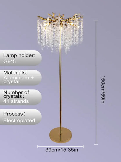 Gold electroplated floor lamp with branching tree design and cascading crystal strands decorbites crystal gold led decor