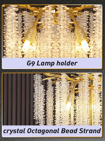 Gold-toned g9 lamp holders with intricate filigree designs support clear crystal octagonal beads on decorbites crystal gold floor lamp
