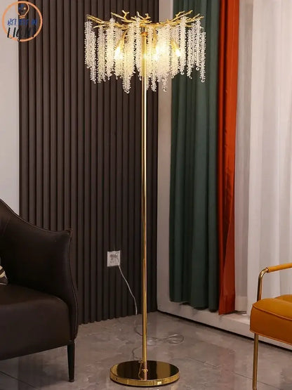 Gold-toned floor lamp with branching design and cascading crystal strands decorbites crystal gold led for living room decor