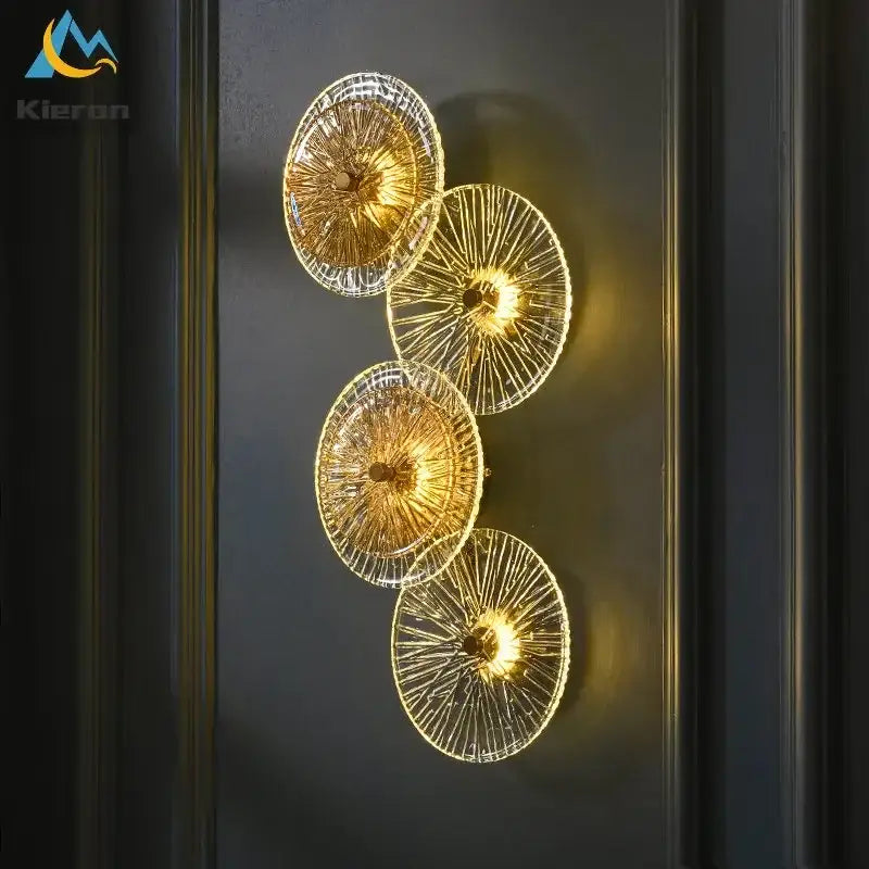 Golden glass sconce wall lamp with intricate radial patterns and warm glowing light for decorbites crystal led wall decor