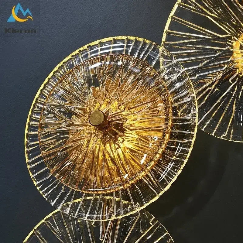 Golden glass shades with intricate radial patterns and metallic rim on decorbites crystal led wall lamps for living room decor